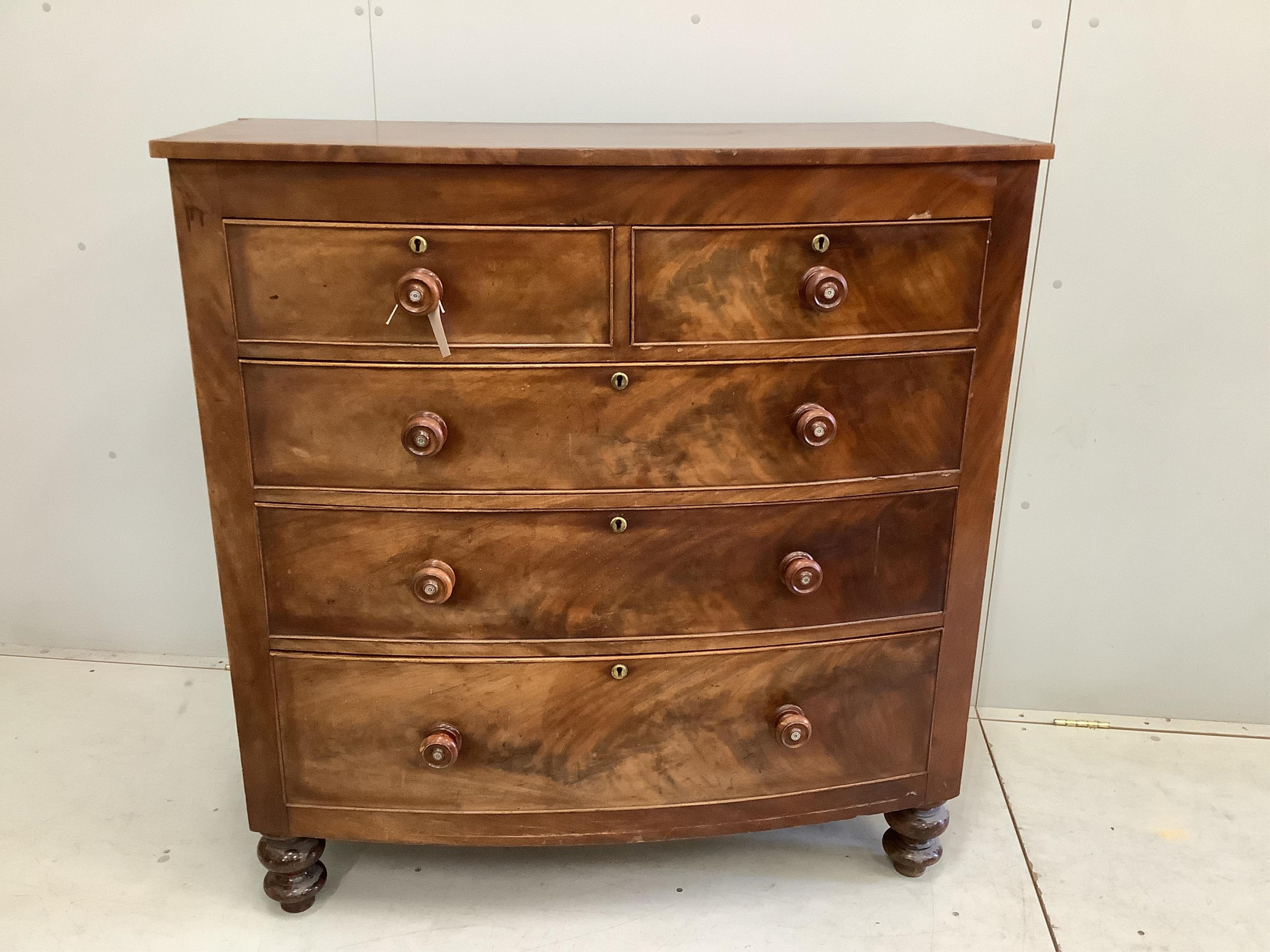 A Victorian mahogany bow front chest, (feet are loose), width 114cm, depth 55cm, height 118cm